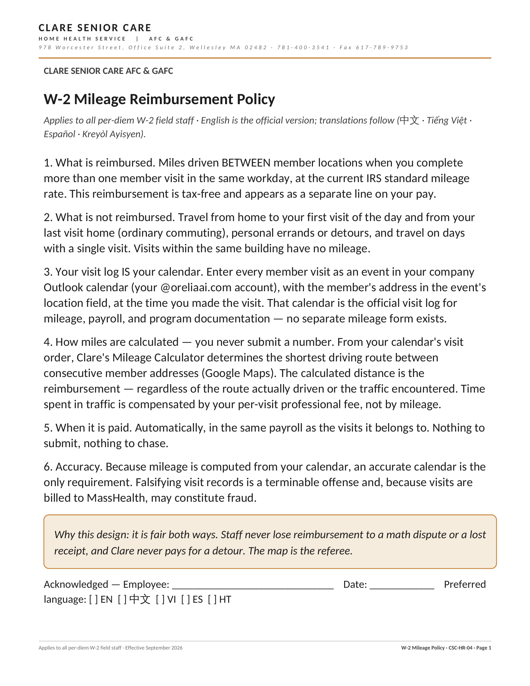 W-2 Mileage Reimbursement Policy — page 1 (English)