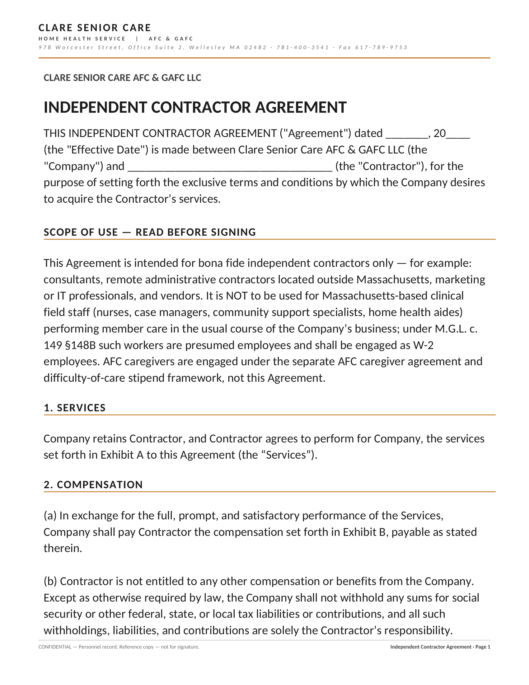 Independent Contractor 1099 Agreement — page 1