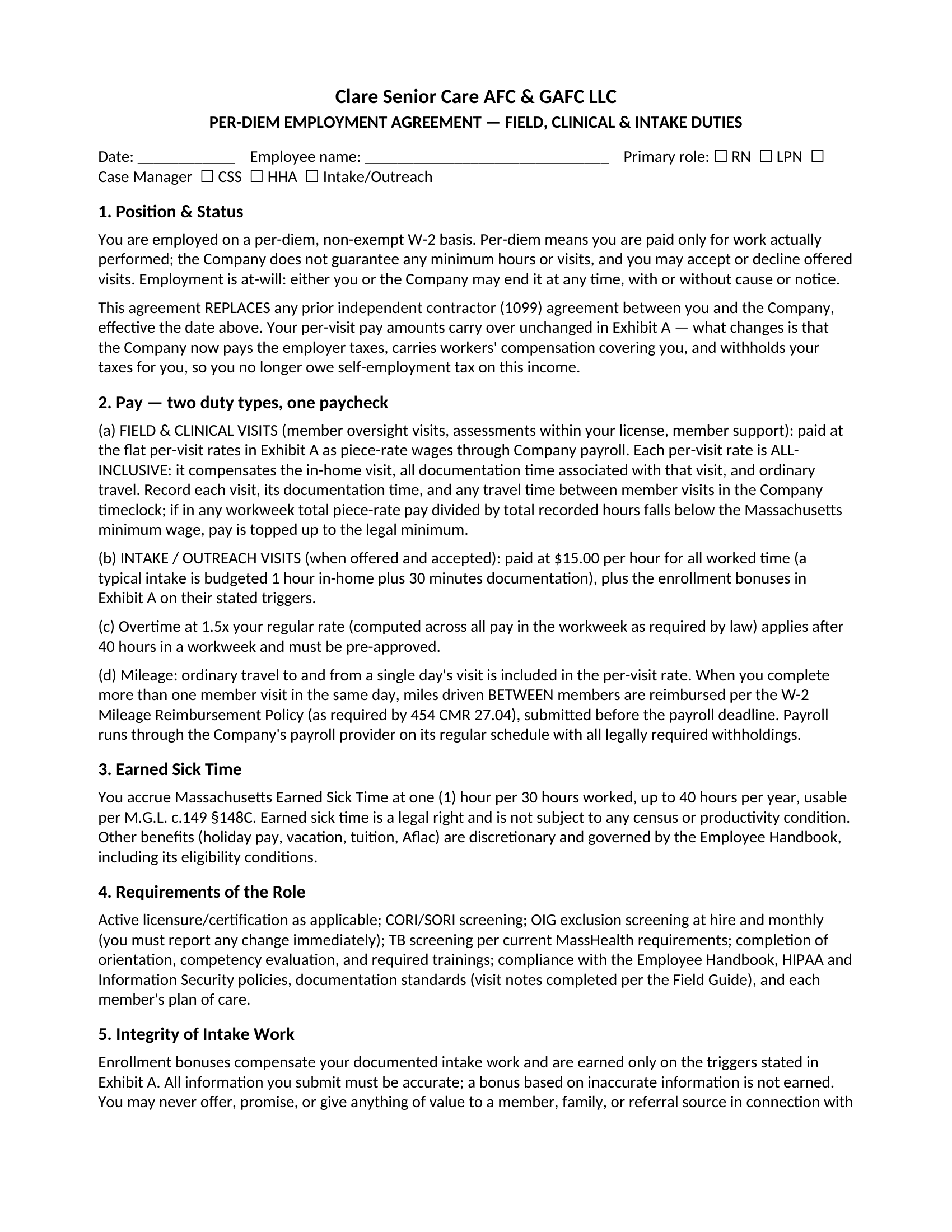 Per Diem W2 Staff Agreement — page 1